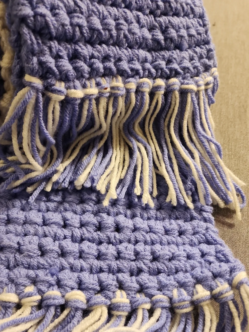 Handknit  Crochet Fringe Scarf in Lavender and Cream